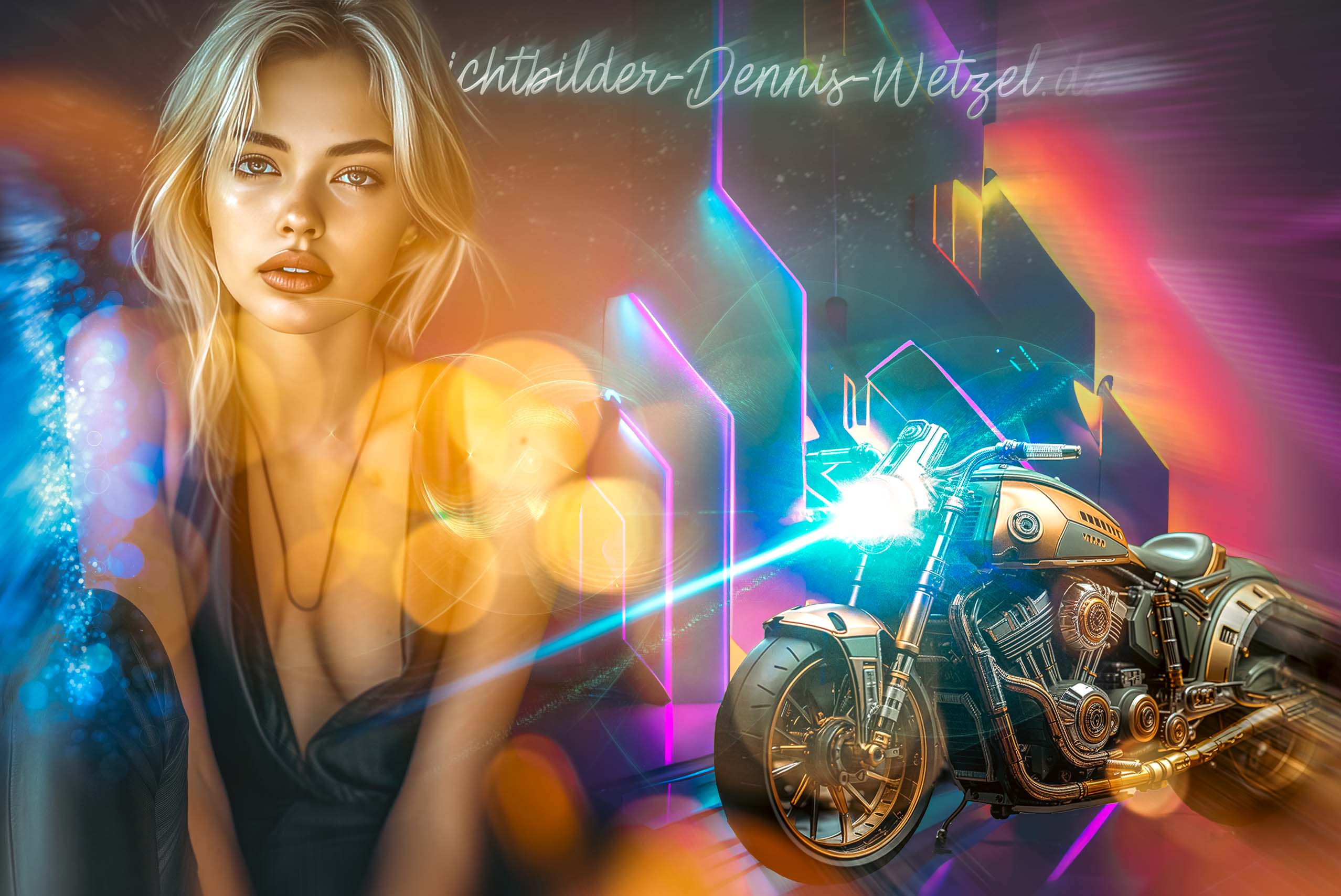 Huebsche-Frau-mit-Motorrad-neon-abstract-background-Lichtbilder-Dennis-Wetzel.de